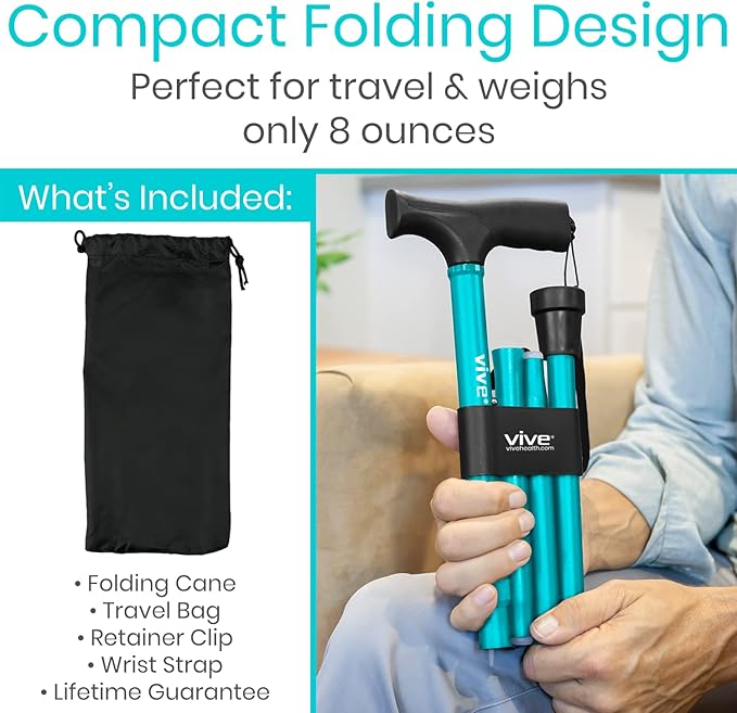 Vive Folding Cane - Foldable Walking Cane for Men, Women - Fold-up, Collapsible, Lightweight, Adjustable, Portable Hand Walking Stick - Balancing Mobility Aid - Sleek, Comfortable