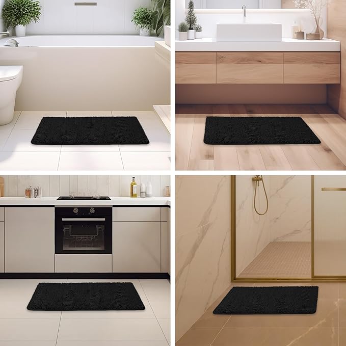 Black Bathroom Rug – Absorbent and Washable Bath Mat, Non-Slip, Thick Soft Chenille Bath Rugs for Bathroom, Kitchen, Shower, Sink - 20" x 32"