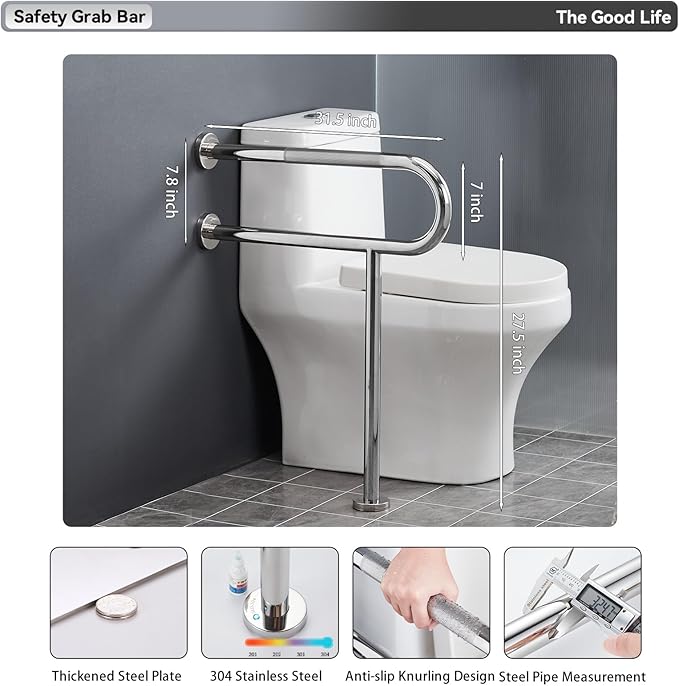 31.5" x 27.5" Floor to Wall Toilet Support Rail with Leg, Anti-Slip Chrome Handicap Grab Bar for Bathroom, Stainless Steel Knurled Safety Handrails, 1.25" Tube for Elderly, Disabled, Pregnant