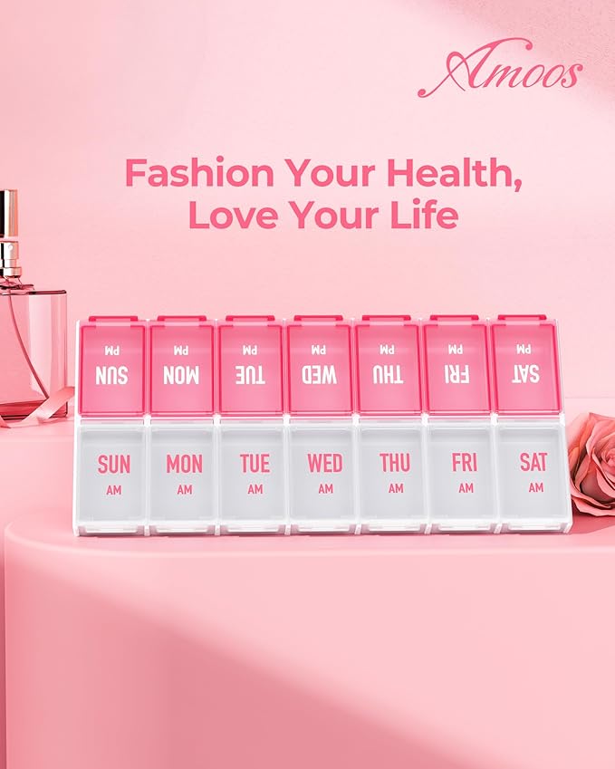 AMOOS Weekly Pill Organizer 2 Times a Day, Stylish Pill Box 7 Day AM PM with Large Compartments, Pill Case Easy to Use, BPA-Free Pill Container for Vitamins, Fish Oils, Supplements, Medicines, Pink