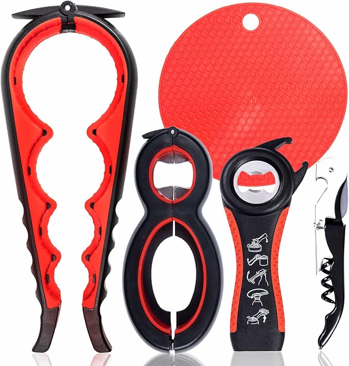 Jar Opener Bottle Opener for Weak hands 5 Pack, Multi Kitchen Tools Set for Weak Hands, Children, Seniors with Arthritis, Lid Opener for Children, with Silicone Handle (Red)