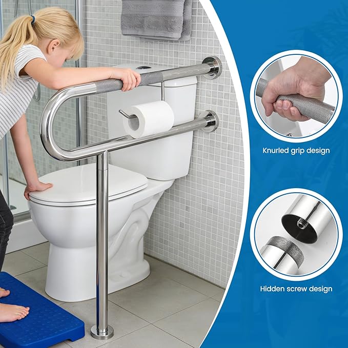 Toilet Grab Bar 24*27.5 Inch, Zynuhmo Anti-Slip U Shaped Support Rail with Paper Holder, SUS304 Stainless Steel Knurled Safety Handrails with Leg for Elderly Disabled Pregnant(1.25'' Dia Tube, Chrome)