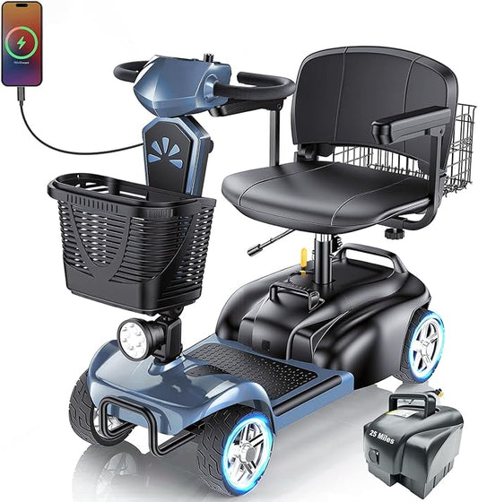15/25/30/50Miles Eldryvon 4 Wheels Electric Mobility Scooter for Seniors, Dual Basket, 350W Powered Wheelchair with Rotating Seat, Foldable Motorized Scooter for Adults (Grey, 50Miles)