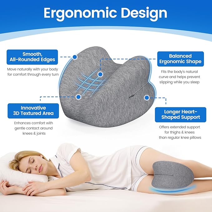 Knee Pillow for Side Sleepers, High-Density Memory Foam Leg Pillow for Side Sleeping, Heart-Shaped Design for Knees, Hips & Spinal Alignment, Grey