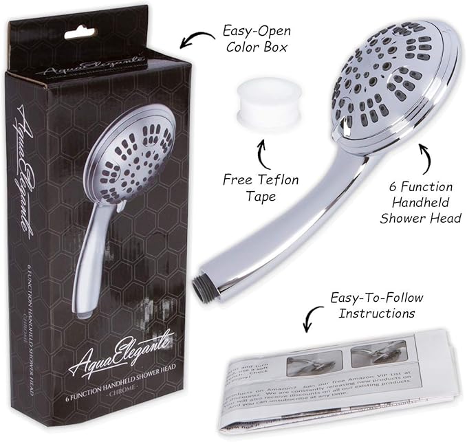 Aqua Elegante 6 Function Luxury Handheld Shower Head - Adjustable Pressure Rainfall Spray With Removable Nozzle For The Bathroom, Chrome