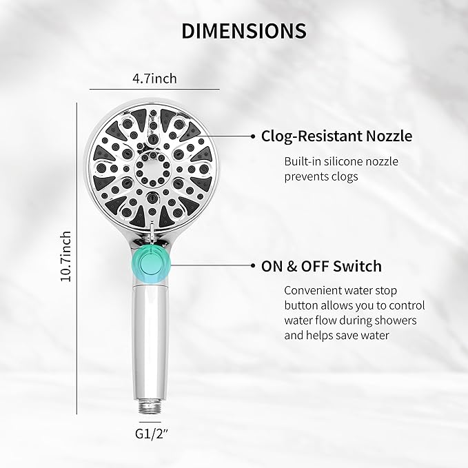 HYLER Filtered Handheld Shower Head with 8-Spray Modes and 1-Jet, 1.8 GPM Water Saving, ON/OFF Switch, 6ft Extra-long Stainless Hose, 15-Stage Strong Filter, Chrome and 1-Extra Filter