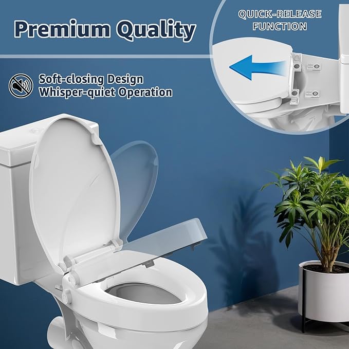 Raised Elongated Bidet Toilet Seat 18.5", Soft Close Lid, Dual Self-Cleaning Nozzles, Quick Release, Heavy-Duty PP, Stable & No Loosening, Ideal for Seniors & Limited Mobility, White