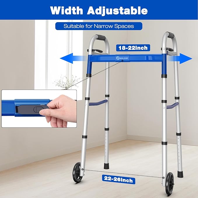Whlicks Narrow Folding Walkers for Seniors,Aluminum Lightweight Walkers with Wheels, Adjustable Width and Height Front Wheel Walker for Elderly and Disabled, Supports up to 350 lbs
