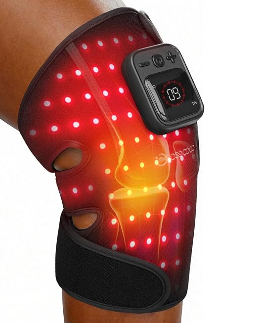 CooCoCo Knee Massager with Heat and Red Light Therapy, Cordless Knee Heating Pad, Heated Knee Brace for Pain Relief, Vibration Modes, 70pcs Bead, 660nm & 850nm