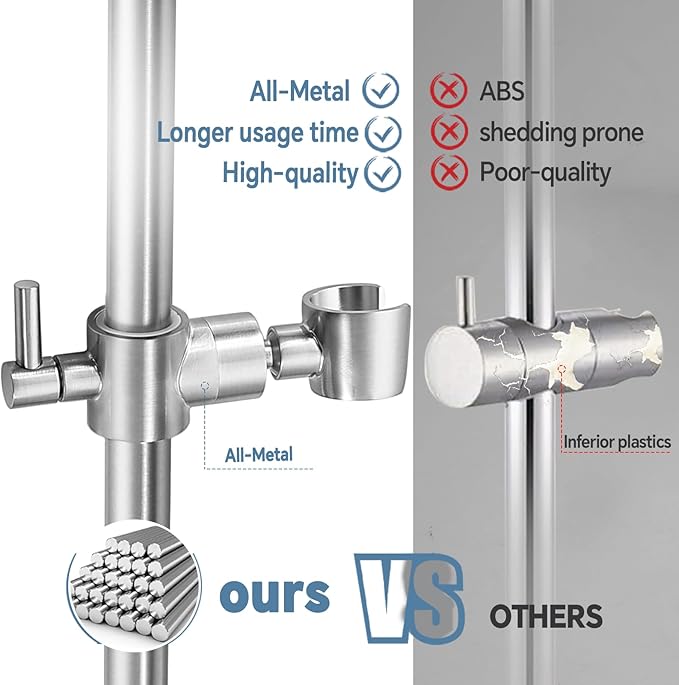 Shower Slide Bar Adjustable Handheld Shower Head Holder Wall Mount - 15inch All-Metal Shower Head Slide Bar Compatible with Bathroom Drill Free Glue Installation - Brushed