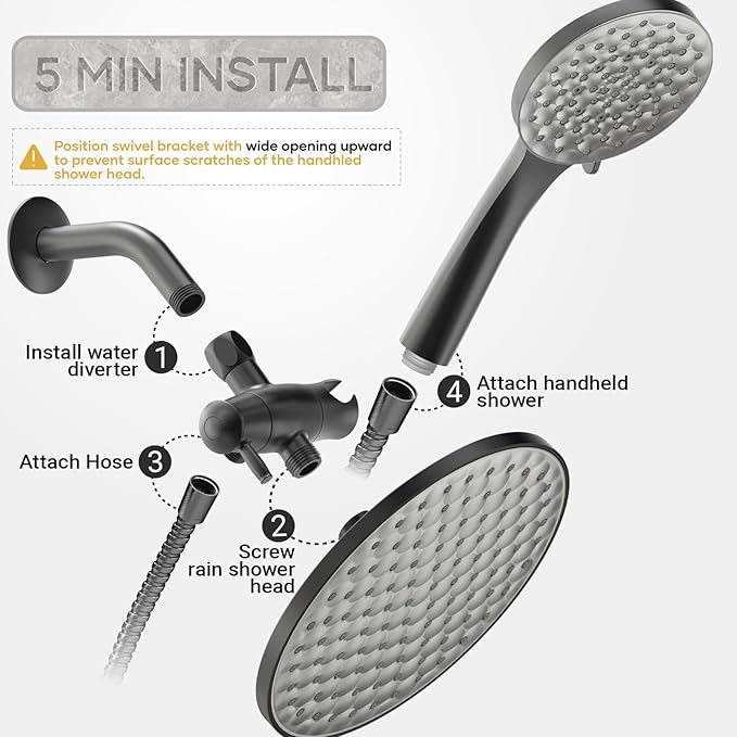 dual shower head with handheld combo,8.6 inch Rainfall showerhead,6 settings hand held shower heads with hose (Matte Black)
