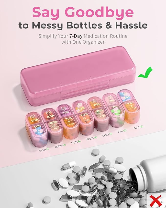 Pillex Pill Organizer 2 Times a Day, AM PM Pill Organizer 7 Day, Weekly Pill Box 2 Twice a Day, Travel Pill Case 7 Days, Medicine Organizer for Medication, Vitamins, Fish Oils, Supplements