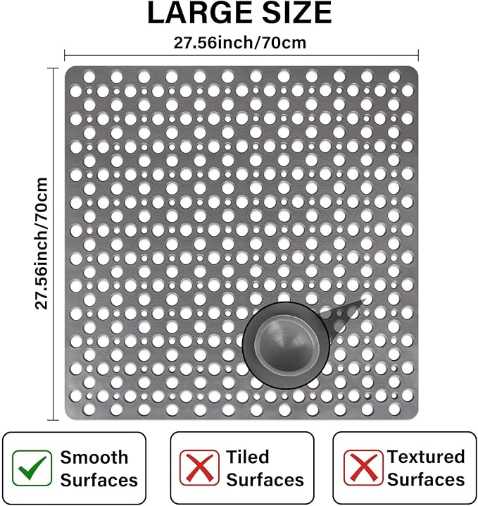Square Shower Mat Non Slip, 27" x 27" Large Shower Mats for Inside Shower, Soft TPE Shower Floor Mat with Suction Cups and Big Drain Holes, Anti Slip Shower Stall Matt, Grey