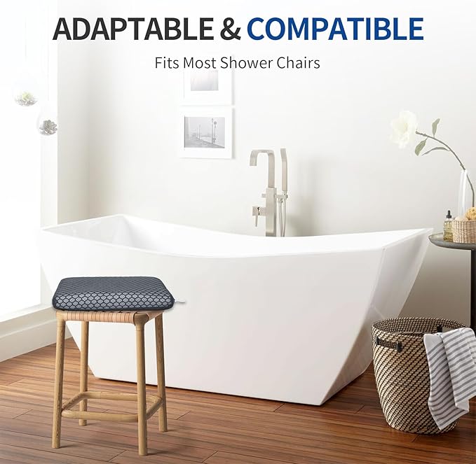 Anycosy Shower Seat Cushion Waterproof,Bathtub Cushion for Transfer Benches,Slip-Resistant 3D Foam Mesh Bathtub Chair Pad with Hook,Quick Drying Shower Seat Mat for Elderly (Gray, Medium)