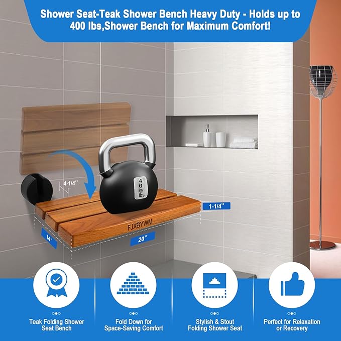 20" Shower Seat Teak Shower Bench, Wall Mounted Fold Down Shower Seats for Adults, Shower Seats for Adults a 400 lbs Capacity, Rust-Resistant Teak Folding Seat Suitable for Indoor Outdoor Use.