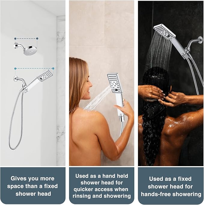 BRIGHT SHOWERS Handheld Shower Head Set High Pressure Hand Held Showerhead with 60 Inch Flexible Shower Hose and Adjustable Shower Arm Mount Bracket, 3 Spray Settings Shower Wand, Chrome