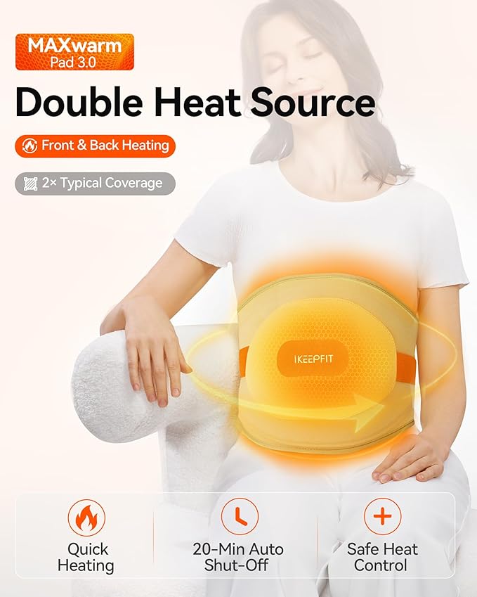 IKEEPFIT Portable Heating Pad for Back, Cordless Wearable Heat Belt with Massager for Lower Back Pain Relief, Battery Powered 8000 mAh Rechargeable, MAXwarm® 3.0, Gift for Women Men 90-310 lbs