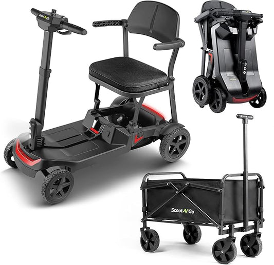SCOOTNGO Mobility Scooters for Seniors, 4 Wheel Foldable Lightweight Airline Approved Mobility Scooter for Adults, Dual Batteries, Portable, No Assembly Needed (Black Red, with Folding Trailer)