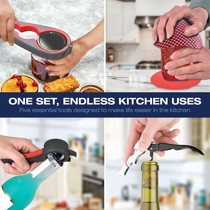 Jar Opener for Weak Hands with 5-in-1 Bottle Opener, Corkscrew Wine Opener, Firm Jar Gripper Pad and 2 Non Slip Rubber Grip Mats, Multifunction Kitchen Tool Set for Seniors, Easy Lid Removal-Red