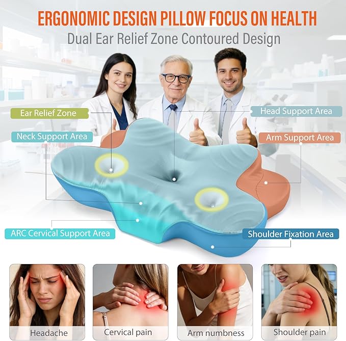 CCidea Dual Ear Relief Zone Contour Pillow, Ice Silk Satin Cervical Memory Foam Pillow for Sleeping, Ergonomic Neck Support for Side, Back & Stomach Sleepers