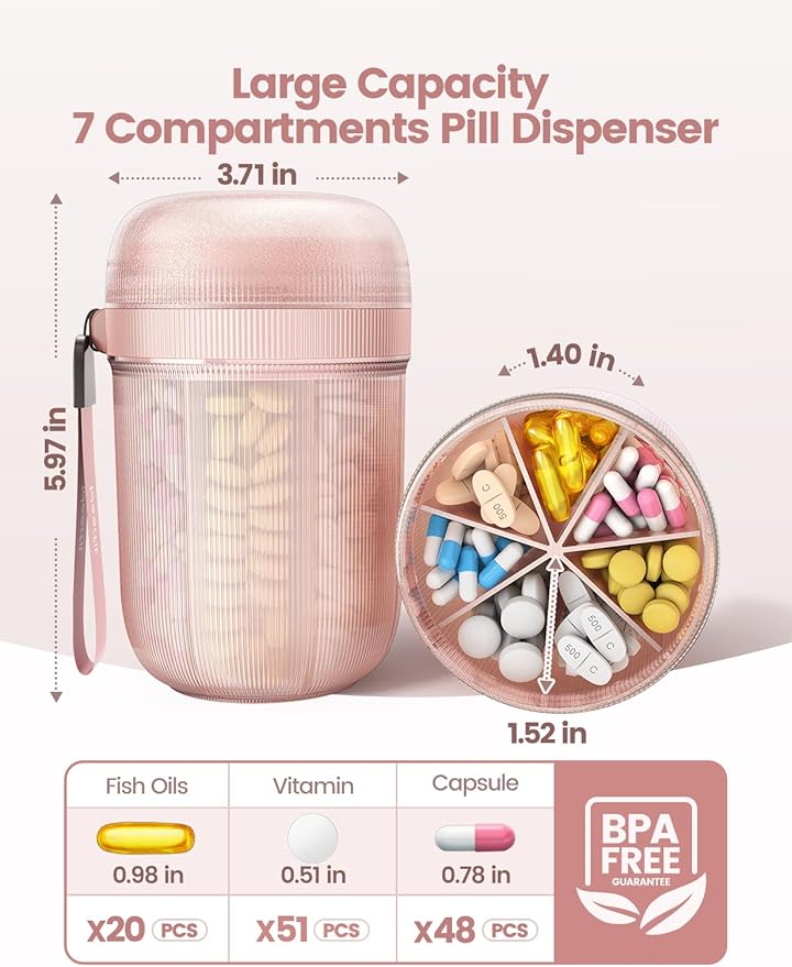 Large Pill Organizer with 7 Large Compartments,Pill Dispenser with Desiccant to Keep Medicines Fresh,Pill Bottle Organizer | Anti-Mixing | Light-Proof | Touch-Free,BPA-Free Vitamin Organizer,Green