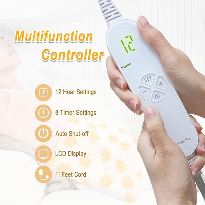 Electric Heating Pad for Back Pain Relief, 12 x 24Inch Ultra Soft Heat Pad - 12 Heat Levels, 8 Timers with Countdown, Machine Washable, Moist & Dry Therapy - FH01