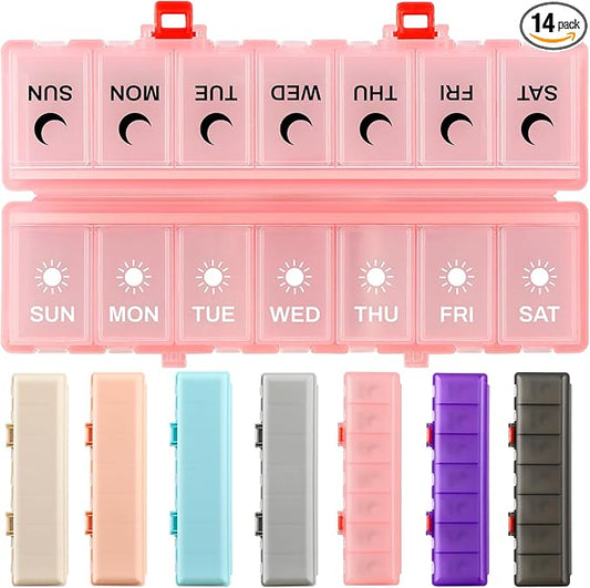 Foldable Pill Organizer Weekly 2 Times a Day, 7 Day Portable AM PM Travel Pill Case with Black&White Labels, Dual-Protection Daily Medicine Box, Large Pill Container for Vitamin/Supplement-Clear Pink