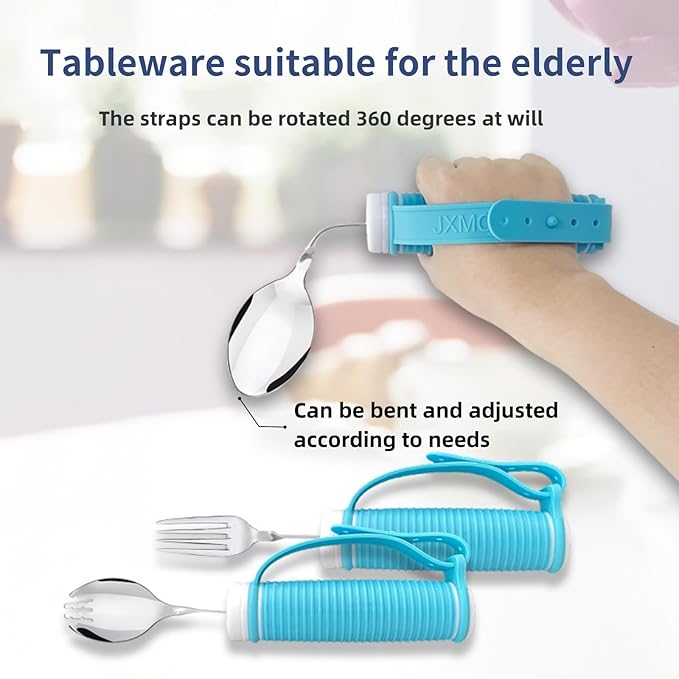 Tremors Elderly Assistance Products,Spoon and Fork Three Piece Set,Handicap Accessories for Daily Living,Adaptive Equipment with Blue Handle Belt,Aids for Living,Eating Utensils Sets.