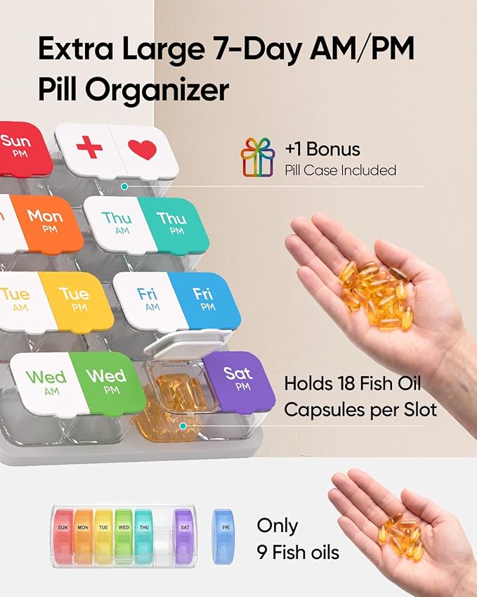 Extra Large Pill Organizer with Desiccant Pads, Moisture-Resistant & Detachable Weekly Pill Box 2 Times a Day, Wide Opening for Vitamins and Daily Pills, Easy for Seniors, Home & Travel Use