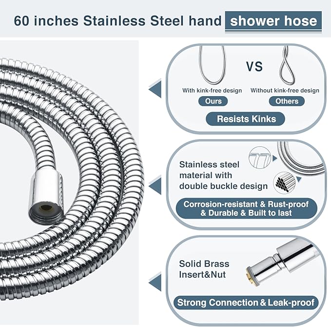 BRIGHT SHOWERS High Pressure Handheld Shower Head Set, High Flow Hand Held Showerhead with 60" Long Stainless Steel Hose and Adjustable Wall Bracket, 3 Spray Setting Shower Wand, Chrome