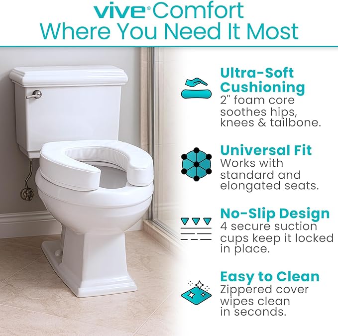 Vive Toilet Seat Cushion (Soft Cushioned Foam) - Easy Clean Soft Padded Bathroom Attachment - Elongated, Standard Seats - Comfort & Support Donut for Handicap Adults