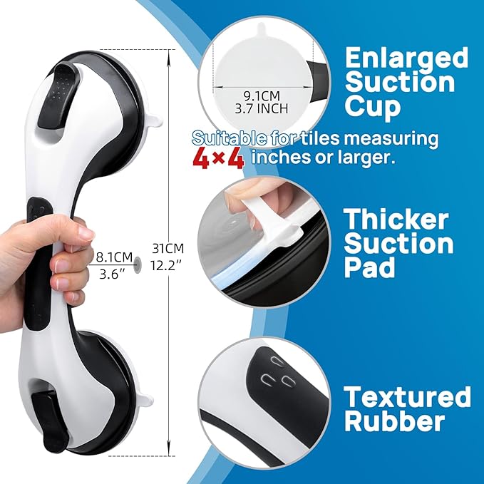 LEVERLOC Grab Bars for Bathtubs and Showers 2 Pack Suction Grab Bar, Heavy Duty 12 Inch Shower Handle Removable Handrails for Seniors and Elderly, Bathroom Safety Grip No Drilling Waterproof Black