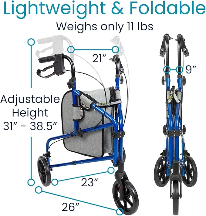 Vive Mobility 3 Wheel Walker - Three Wheeled Rollator for Seniors - Lightweight, Foldable, Narrow, Heavy Duty - for Elderly Men Women - Folding 3-Wheel Tri Scooter with Basket Bag