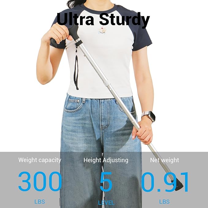 Folding Cane, 5-Level Adjustable Height Lightweight Portable Foldable Walking Canes with Wrist Strap and T Handle for Men Women Seniors