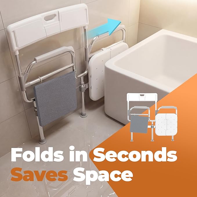 Folding Shower Chair for Inside Shower, Tub and Bathroom 440lb Weight Capacity - Height Adjustable Foldable Shower Chair for Elderly and Disabled - XXL Shower Seat with Arms, Back, Cushion & Shelf