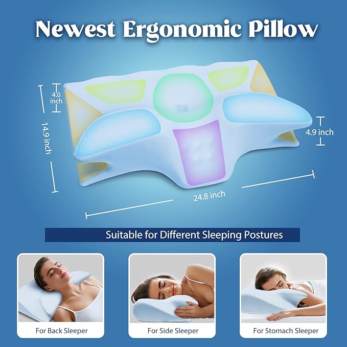 Cervical Pillow for Neck Pain Relief, Cooling Contour Memory Foam Pillows Support Odorless Ergonomic Neck Pillow Adjustable Orthopedic Bed Pillow for Side Back Stomach Sleeper,Modern Blue