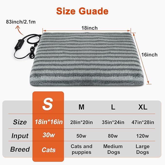 SHU UFANRO Pet Heating Pad, Waterproof Heated Cat Bed with 11 Adjustable Temperatures & 24H Timer, Auto Shut-Off, Chew-Resistant Cord, Washable Cover, Indoor Electric Heating Mat, Grey, S(18" x 16")