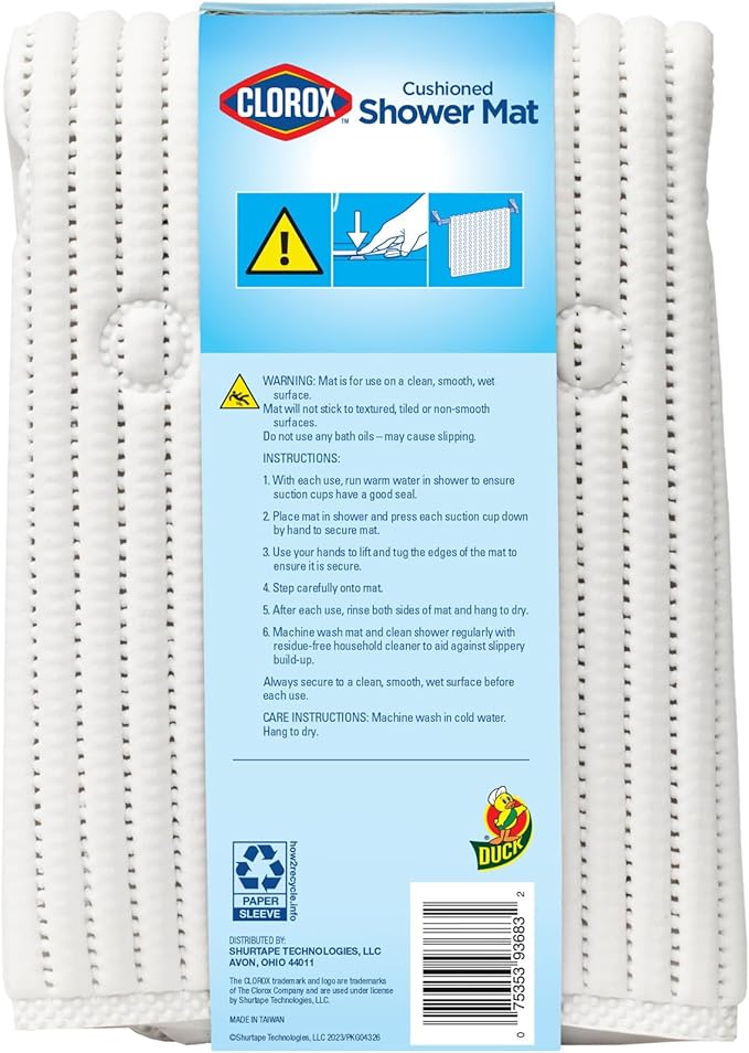 Duck Brand Clorox Cushioned Shower Mat, Non Slip Bathtub Mat with Suction Cups, 21 Inches x 21 Inches, White, 2 Pack