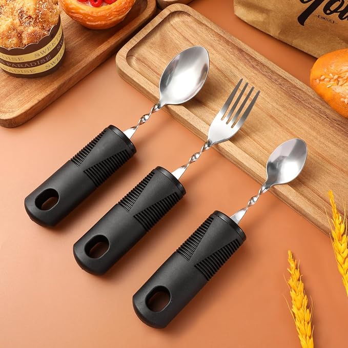 iplusmile 3Pcs Adaptive Utensils for Elderly - Bendable Silverware Set for Hand Tremors & Arthritis, Non-Slip Wide Handle Spoons and Fork for Seniors, Disabled, Limited Mobility Support