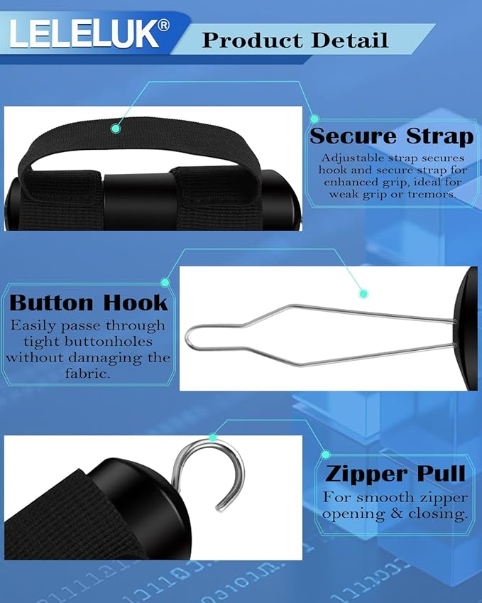 2-Pack Button Hook with Strap for One-Handed Dressing - Adaptive Clothing Aid for Seniors, Arthritis - Non-Slip Ergonomic Handle - Portable Zipper Pull Tool for Easy Buttoning