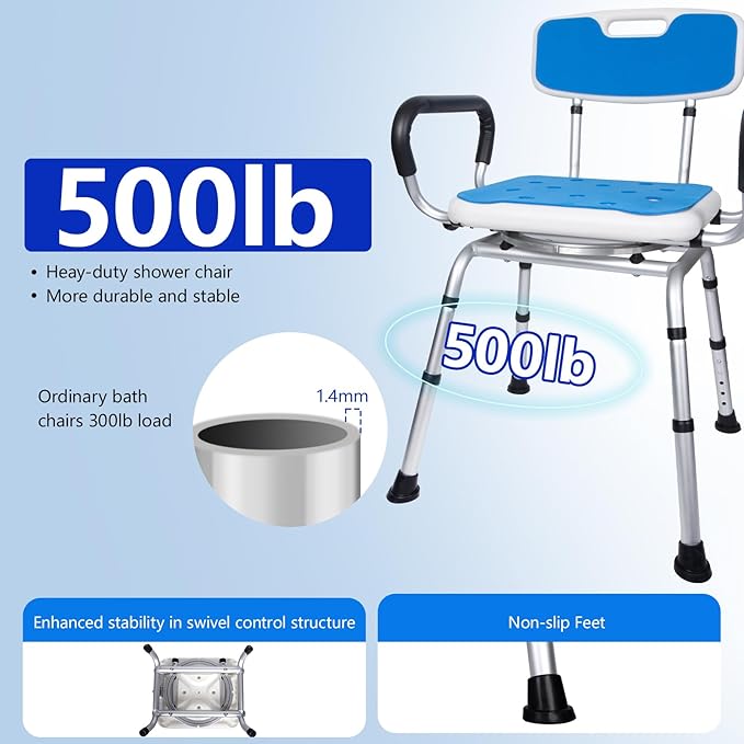 Swivel Shower Chair 500 lbs Heavy Duty Shower Chair for Elderly and Disabled - Height Adjustable Inside Shower Chair with Arms & Back - 360° Rotating Shower Bench Seat for Bathtubs