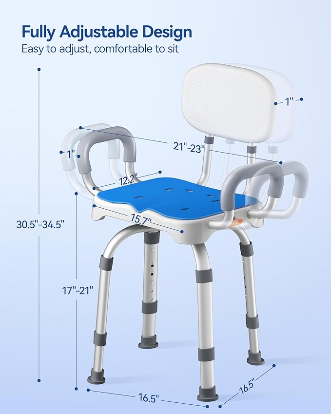 KingPavonini Swivel Shower Chair with Arms and Back, 550 lbs Heavy-Duty Shower Chair for Inside Shower Stall and Tub, Anti-Slip M-Shaped Seat & Height Adjustable Shower Seat for Elderly and Disabled
