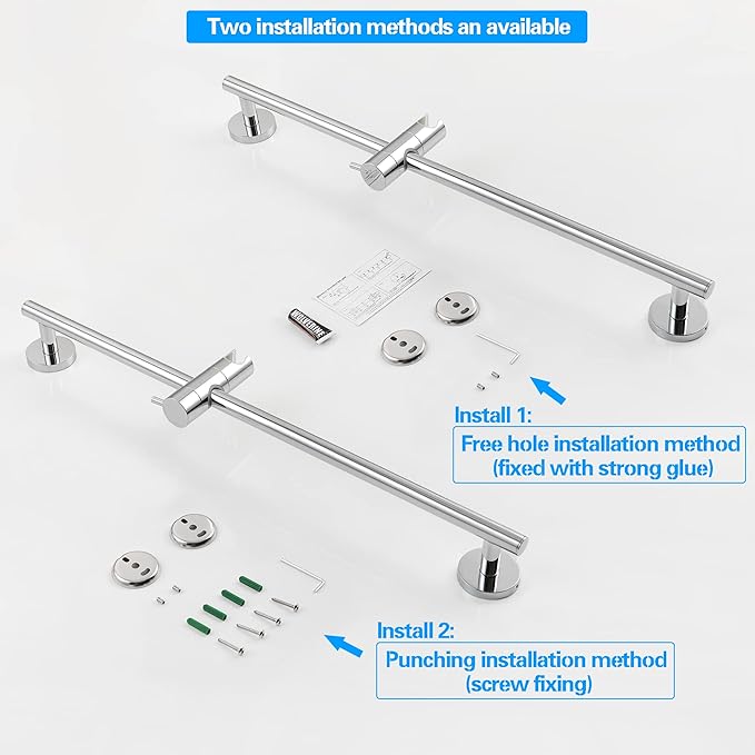 SKOWLL Chrome Shower Slide Bar 26-Inch Bathroom Shower Head Holder Bar with Adjustable Handheld Shower Holder, Wall Mount Shower Slide Bar No Drill
