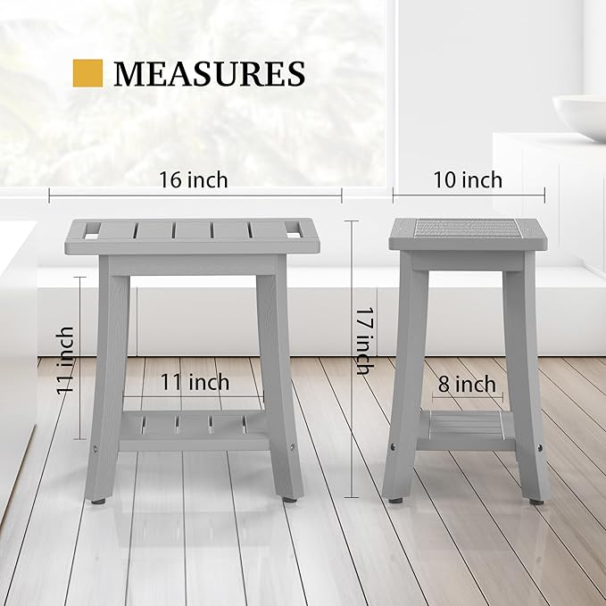 HIPS Shower Bench Inside Shower Stool with Storage Shelf, Waterproof Spa Bath Chair for Bathroom, Seat or Organizer for Living Room, Bedroom - Great for All Ages Unisex Elderly (Small, Grey)