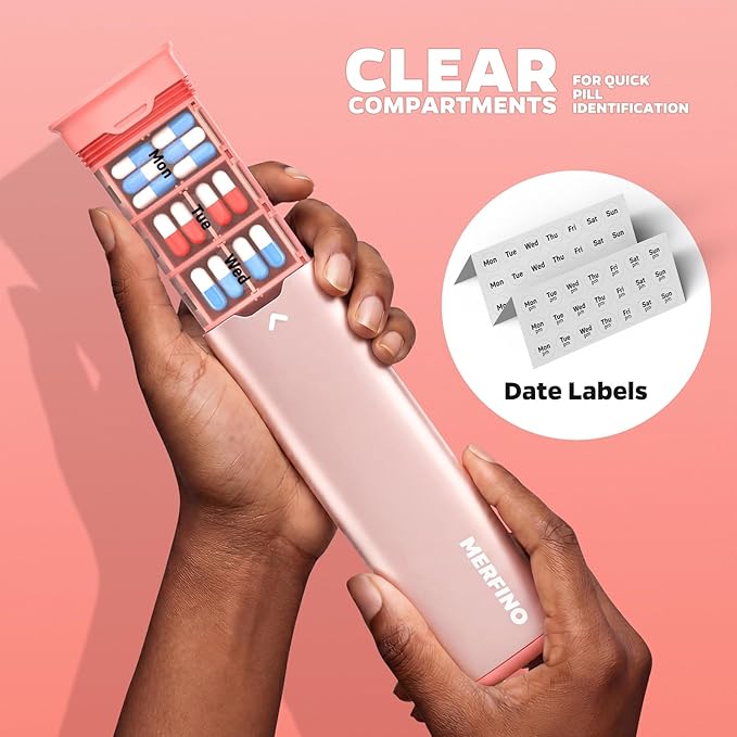 Metal 7 Day Pill Organizer 2 Times a Day-Travel Pill Box Case with Moisture-Proof Airtight Lids, Weekly AM PM Medicine Container for Vitamins, Fish Oil, Supplements and Medications (Pink)