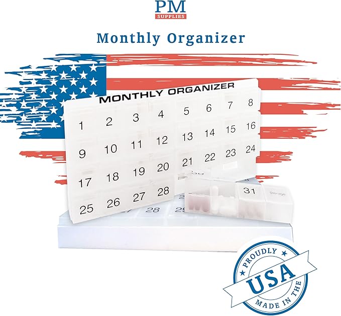 Monthly Pill Organizer | 31 compartments, 1 per Day, 4 Week Full Month 31 Day Pill Organizer | Includes Tray and 8 Removable compartments