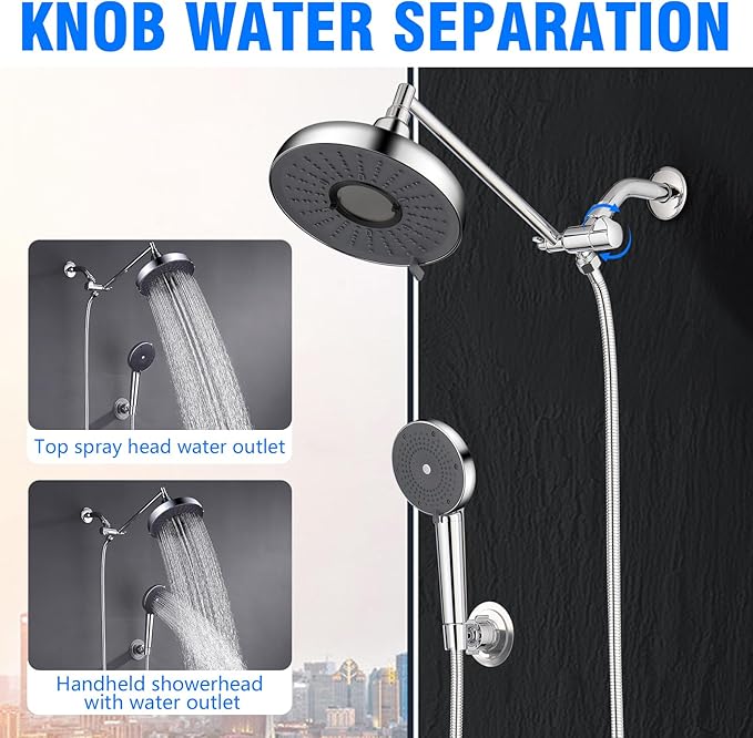 Rain Shower Head with Filter and Handheld, 8 Inch High Pressure and 3 Spray Modes Shower Head, Dual Showerhead Set with Extension Arm and 60 Inch Shower Hose, Shower Head Filter for Hard Water, Chrome