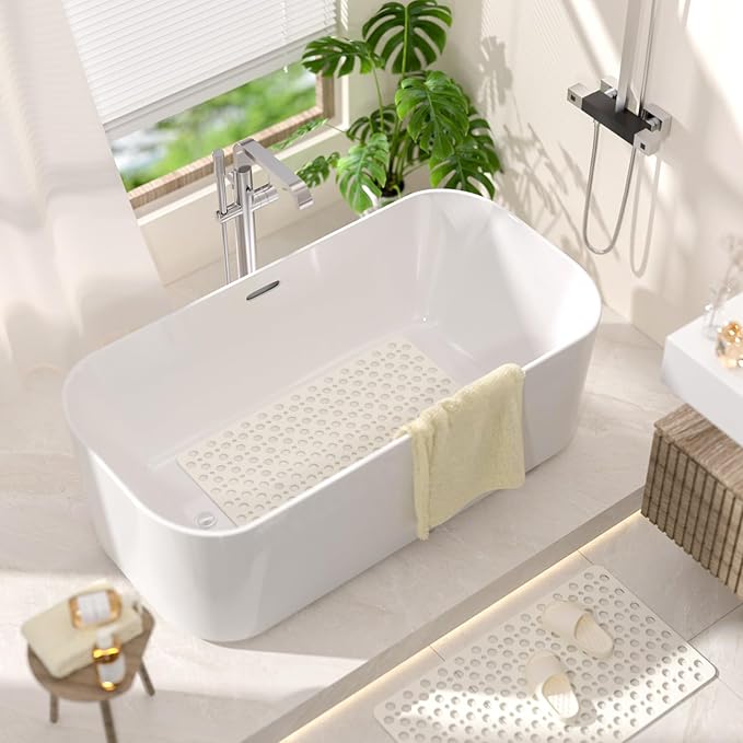 HITSLAM Bathtub Mat Non Slip, 28 x 15 Inch TPE Bath Mat for Tub, Efficient Drainage Bathroom Shower Mat with Suction Cups, Bath Tub Mat, Soft on Feet and Easy to Clean, White