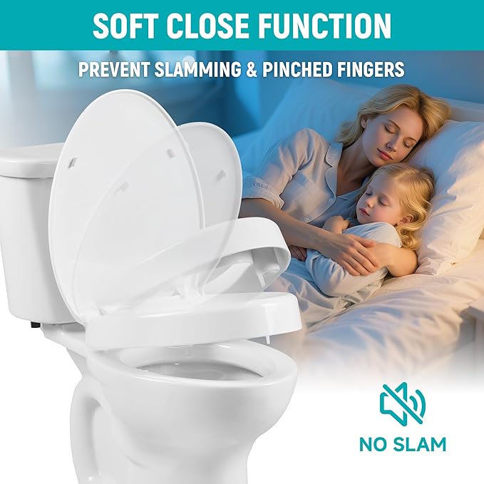 Elongated Toilet Seat Risers for Seniors, 2.5 Inch Elevated Toilet Seat with Slow Close, Non-Slip Raised Toilet Seat, 18.5" Fit for Elongated Toilet, White