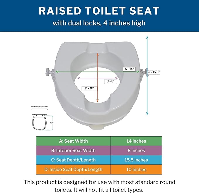 McKesson Raised Toilet Seat with Dual Locks, Fits Most Standard Toilets, 4 in H, 400 lbs Weight Capacity, 1 Count